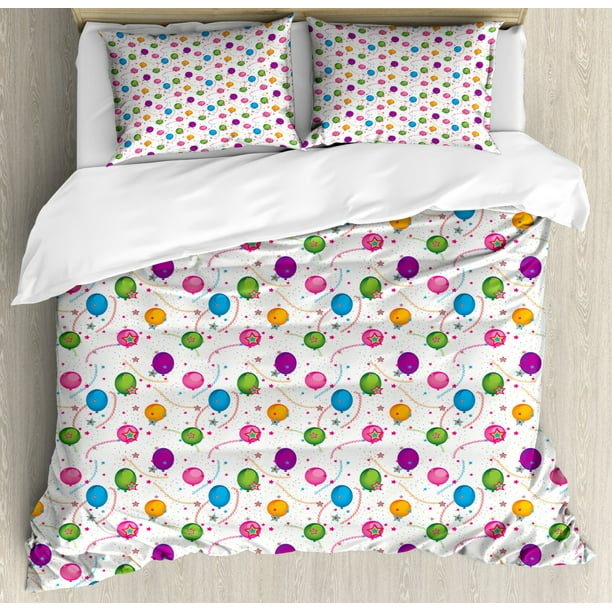 Soft Decorative Fabric Bedding All-Round Elastic Pocket Ambesonne Birthday Party Fitted Sheet Aqua Pink Continuous Balloons with Hearts Fun Full Size